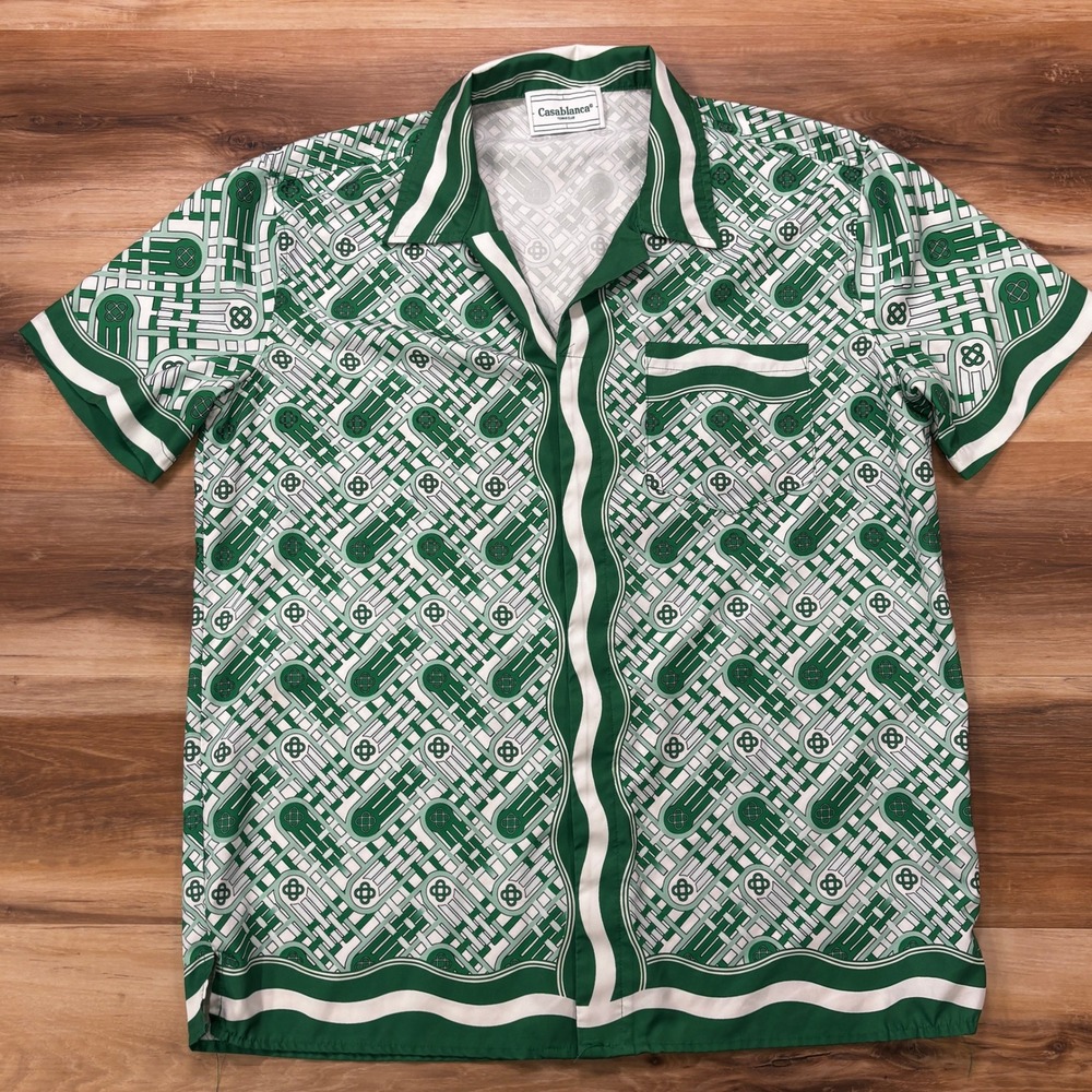 Casablanca Tennis Club Shirt 2XL Ping Pong Print Poly Cotton Camp Collar Green